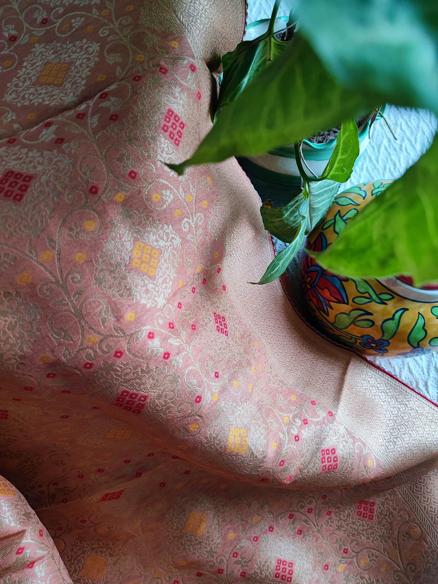 Peach Banarasi Silk Saree with All-Over Meenakari Weaving & Gotta Edging
