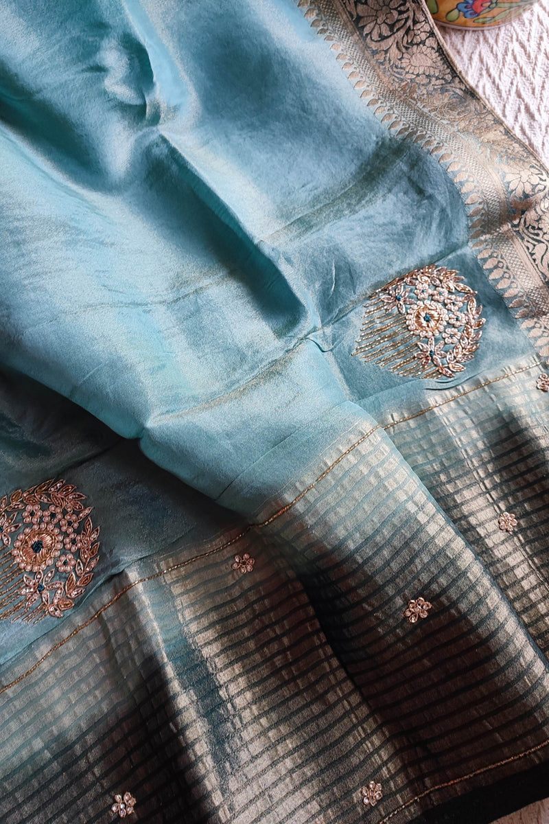 Savoy Blue Uppada Silk Saree With Heavy Dabka and Cut Dana Work