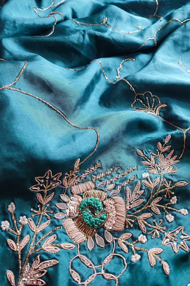 Savoy Blue Uppada Silk Saree With Heavy Dabka and Cut Dana Work