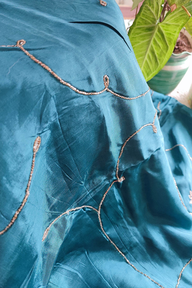 Savoy Blue Uppada Silk Saree With Heavy Dabka and Cut Dana Work