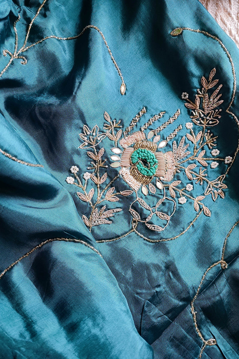 Savoy Blue Uppada Silk Saree With Heavy Dabka and Cut Dana Work