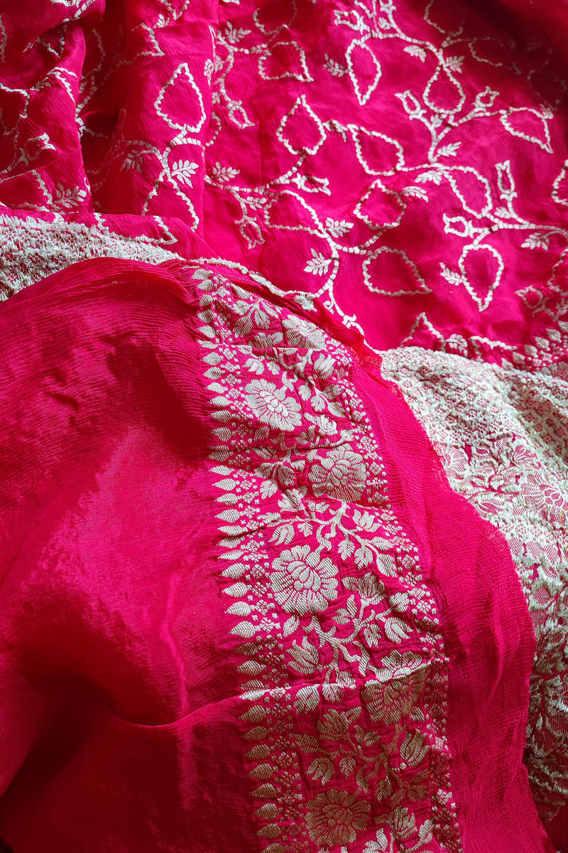 Crimson Chiffon Saree with Heavy Crushed Zari All Over with Heavy Zari Blouse