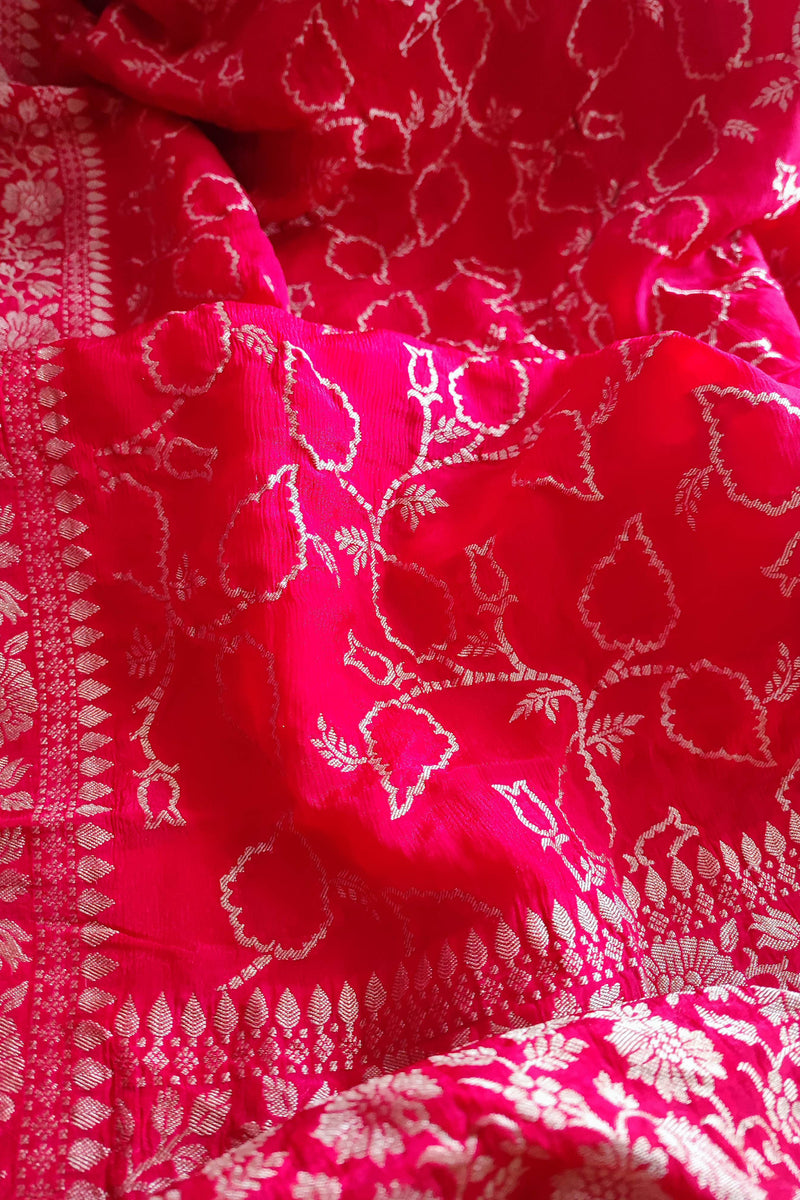 Crimson Chiffon Saree with Heavy Crushed Zari All Over with Heavy Zari Blouse