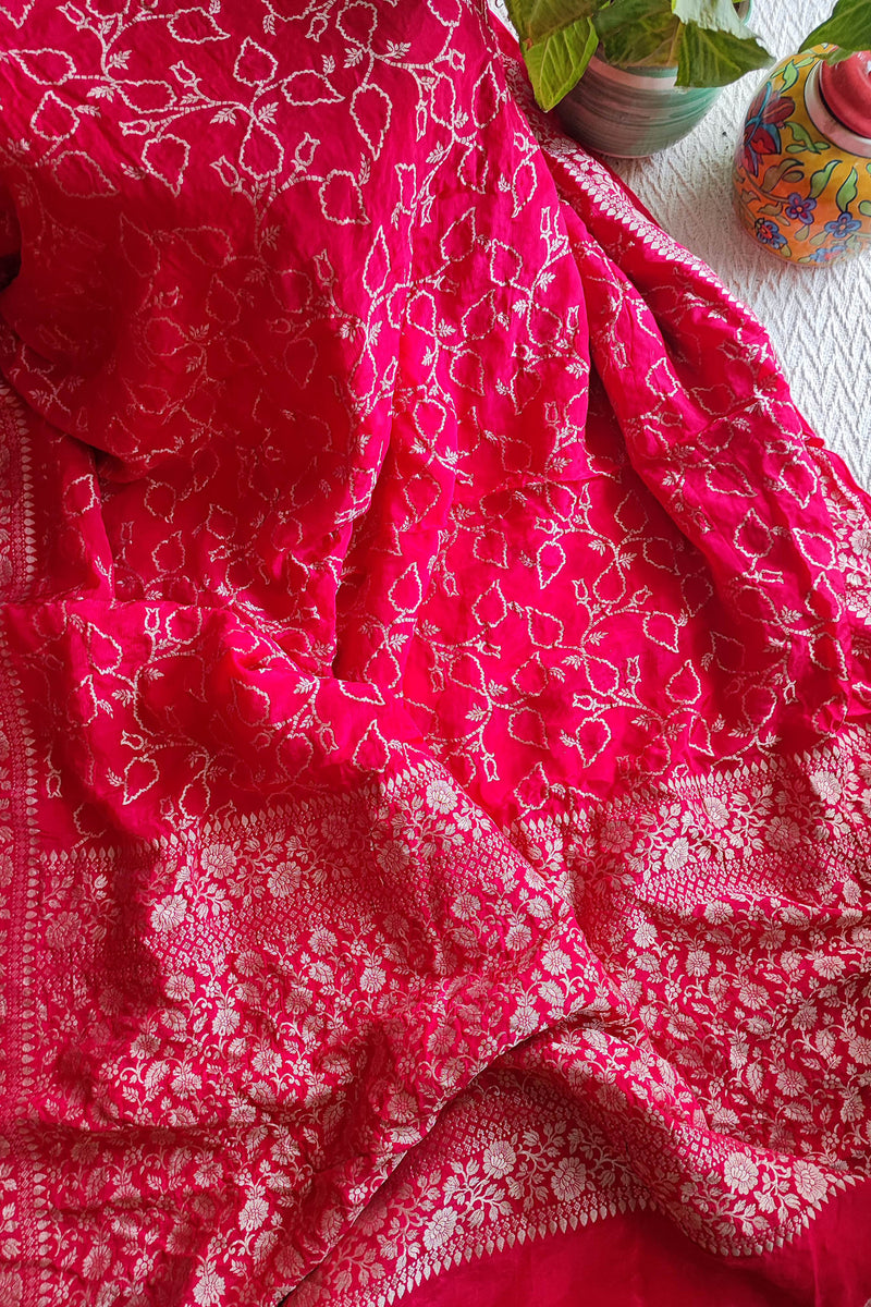 Crimson Chiffon Saree with Heavy Crushed Zari All Over with Heavy Zari Blouse