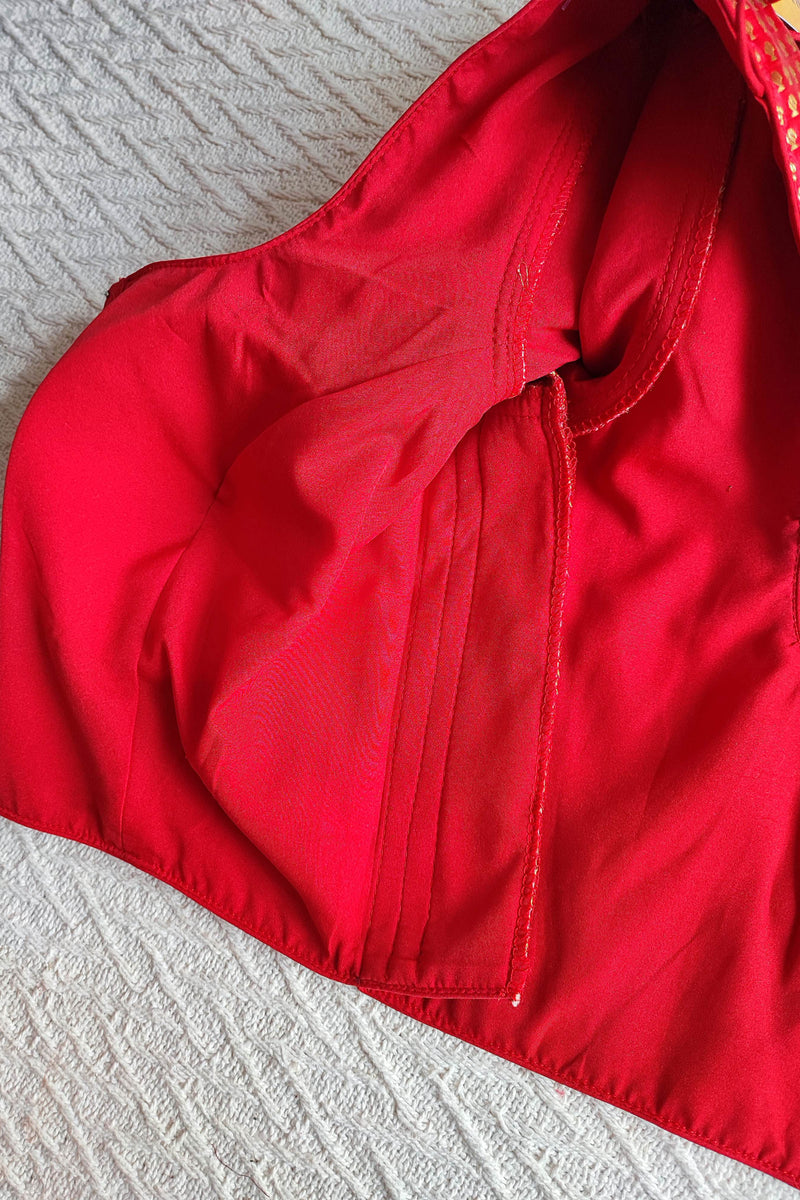 Crimson Brocade Padded & Sleeved Blouse With Front Open Hooks (With Attachable Sleeves)