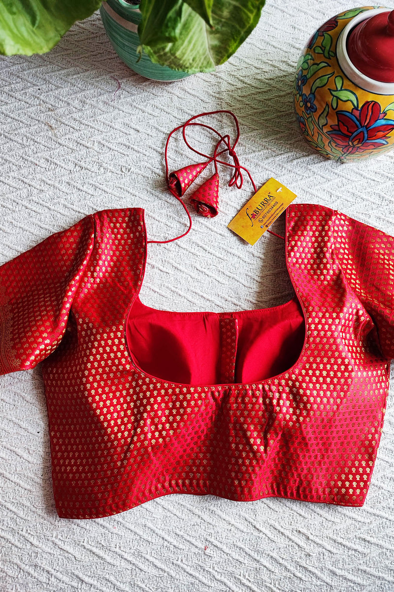 Crimson Brocade Padded & Sleeved Blouse With Front Open Hooks (With Attachable Sleeves)
