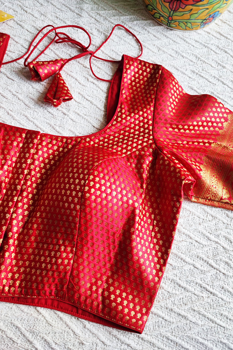Crimson Brocade Padded & Sleeved Blouse With Front Open Hooks (With Attachable Sleeves)