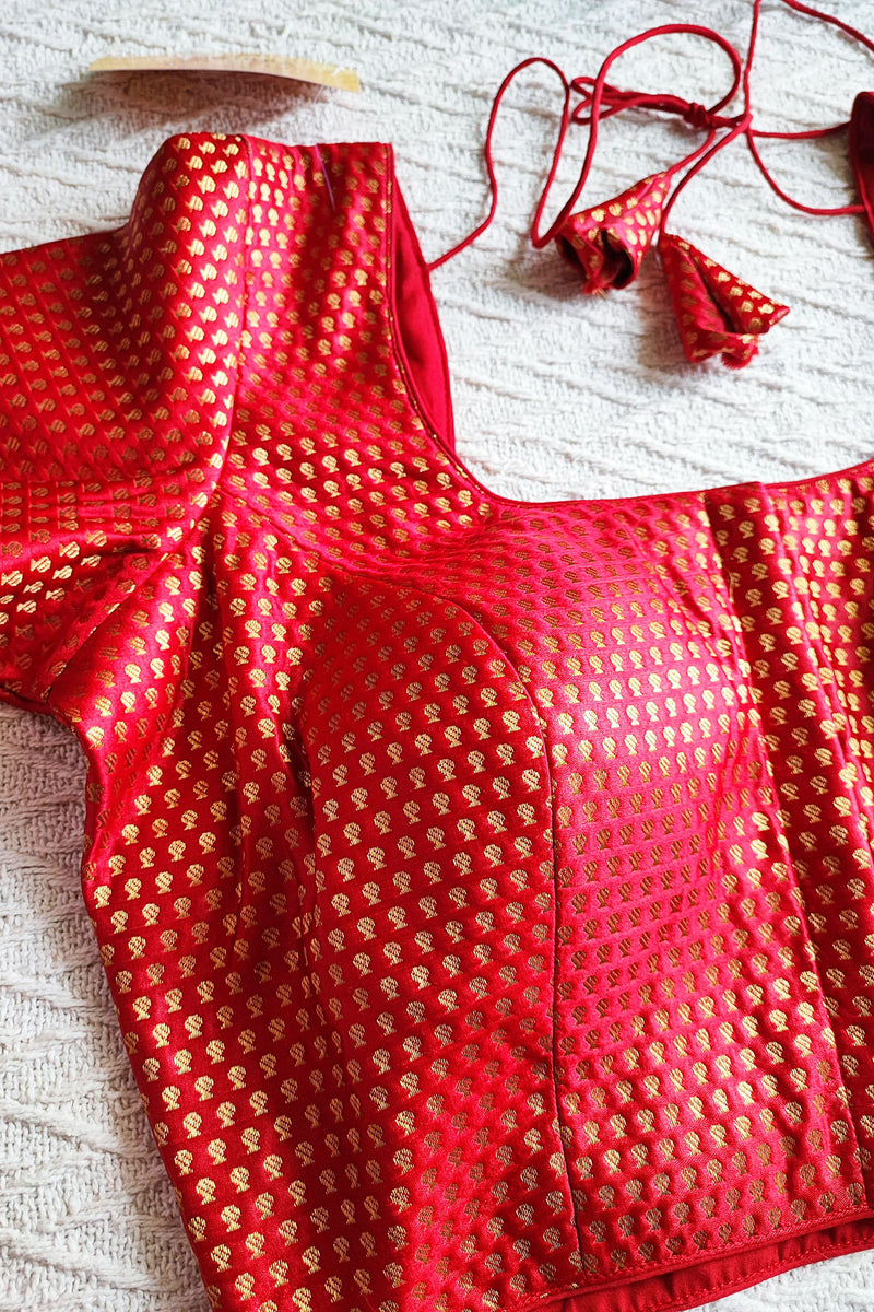 Crimson Brocade Padded & Sleeved Blouse With Front Open Hooks (With Attachable Sleeves)