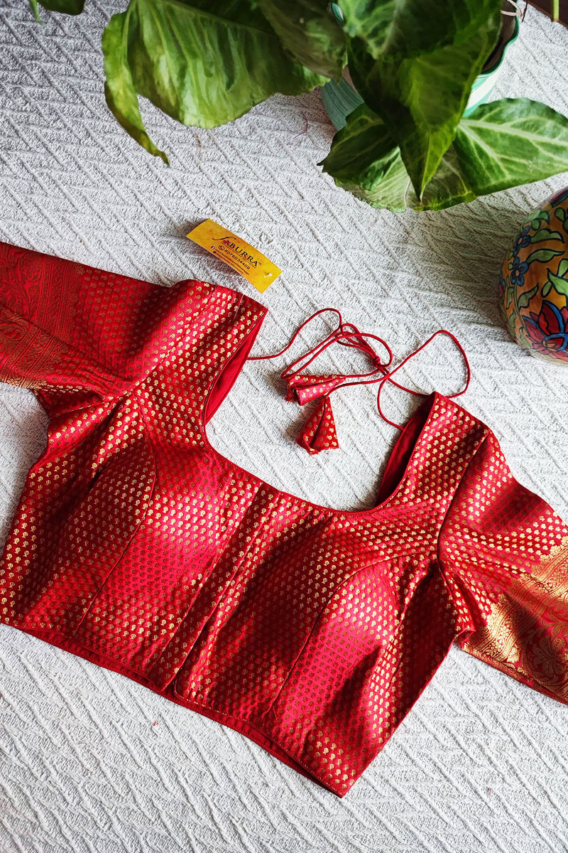 Crimson Brocade Padded & Sleeved Blouse With Front Open Hooks (With Attachable Sleeves)