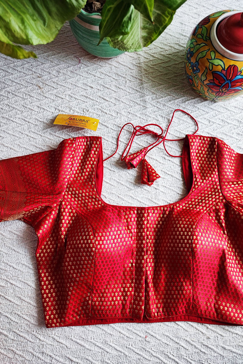 Crimson Brocade Padded & Sleeved Blouse With Front Open Hooks (With Attachable Sleeves)