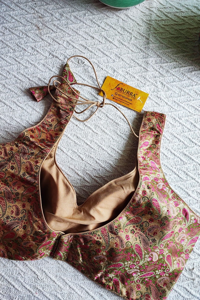 Beige & Pink Soft Banarasi Silk Padded Sleeveless Blouse (With Attachable Sleeves)