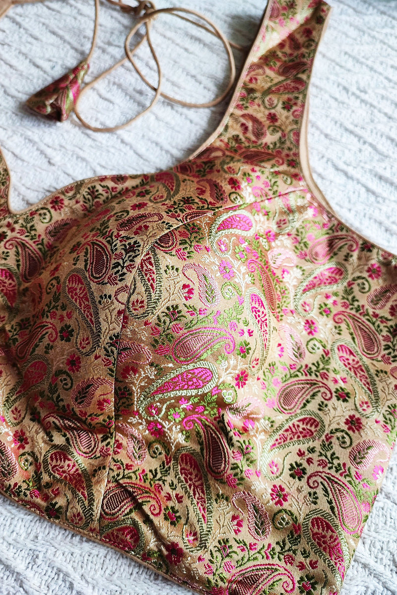 Beige & Pink Soft Banarasi Silk Padded Sleeveless Blouse (With Attachable Sleeves)