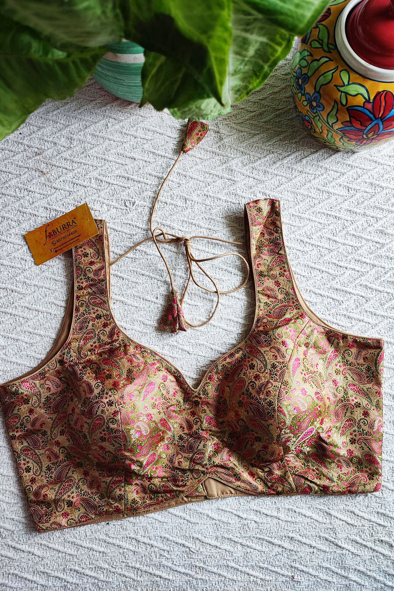 Beige & Pink Soft Banarasi Silk Padded Sleeveless Blouse (With Attachable Sleeves)