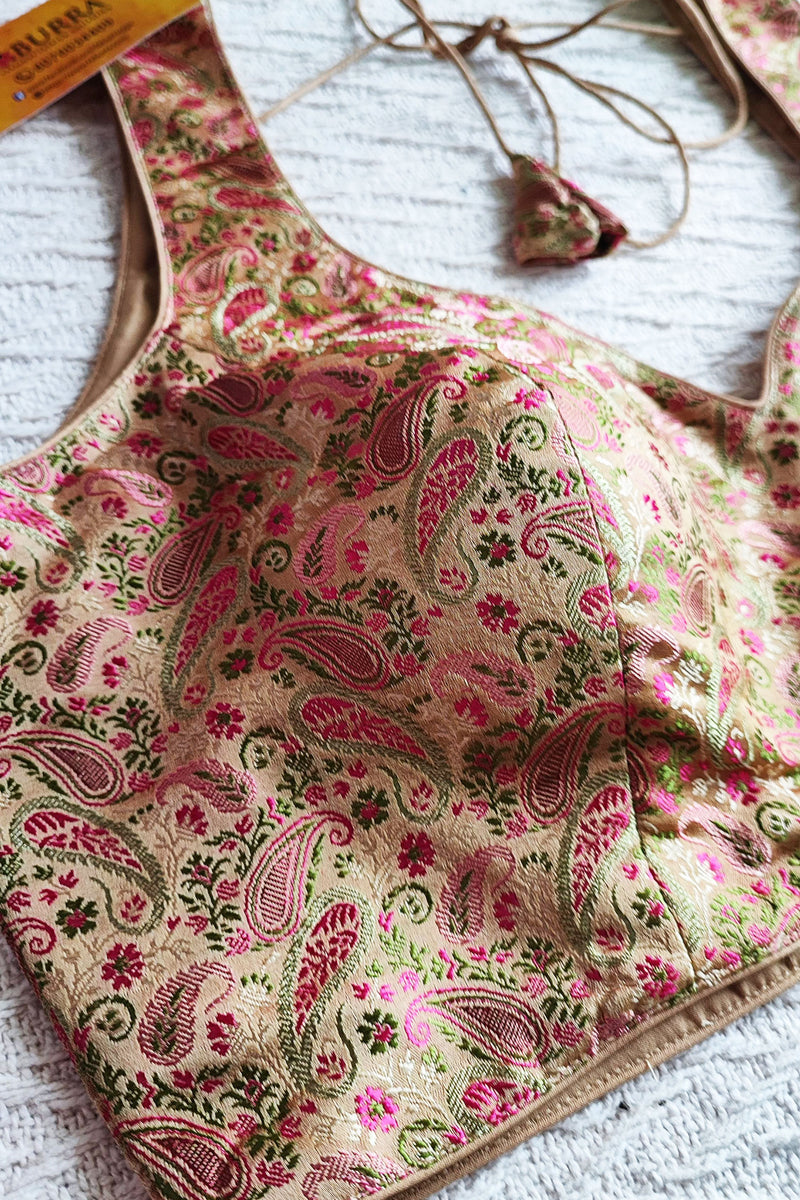 Beige & Pink Soft Banarasi Silk Padded Sleeveless Blouse (With Attachable Sleeves)