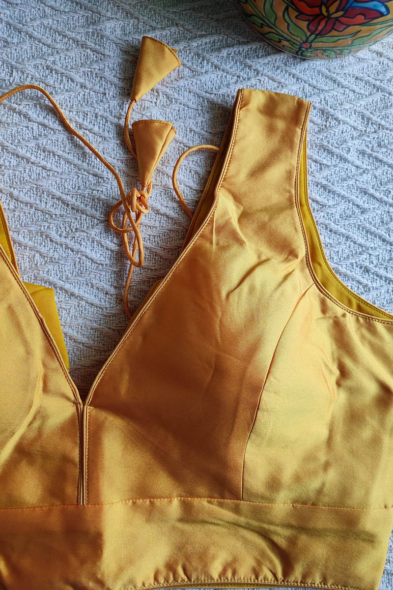 Saffron Yellow Cotton By Silk Padded Sleeveless Blouse with Broad U Neckline (With Attachable Sleeves)