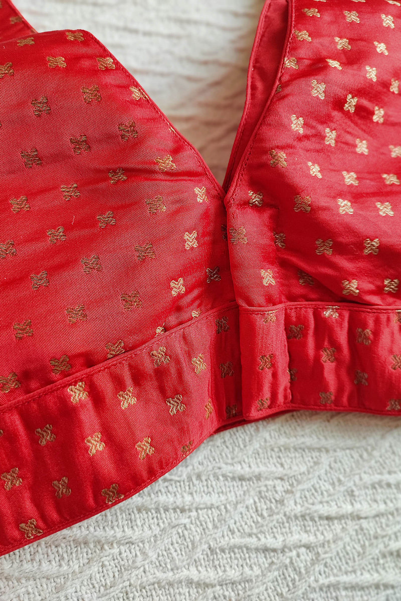 Candy Red Brocade Padded Sleeveless Blouse (With Attachable Sleeves)