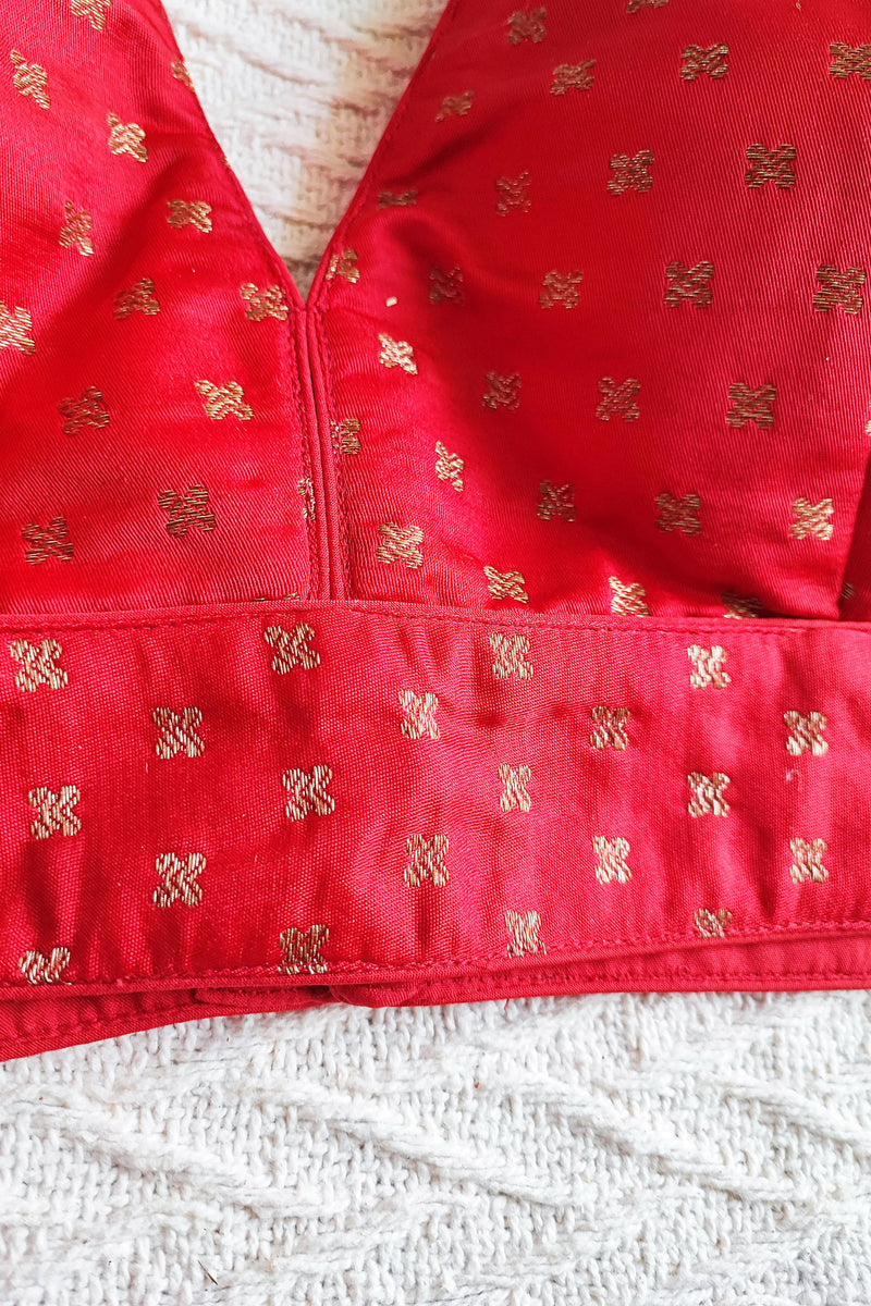 Candy Red Brocade Padded Sleeveless Blouse (With Attachable Sleeves)