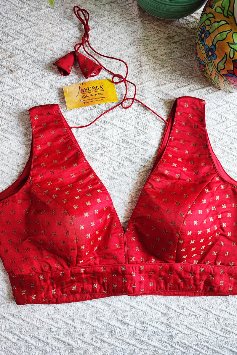 Candy Red Brocade Padded Sleeveless Blouse (With Attachable Sleeves)