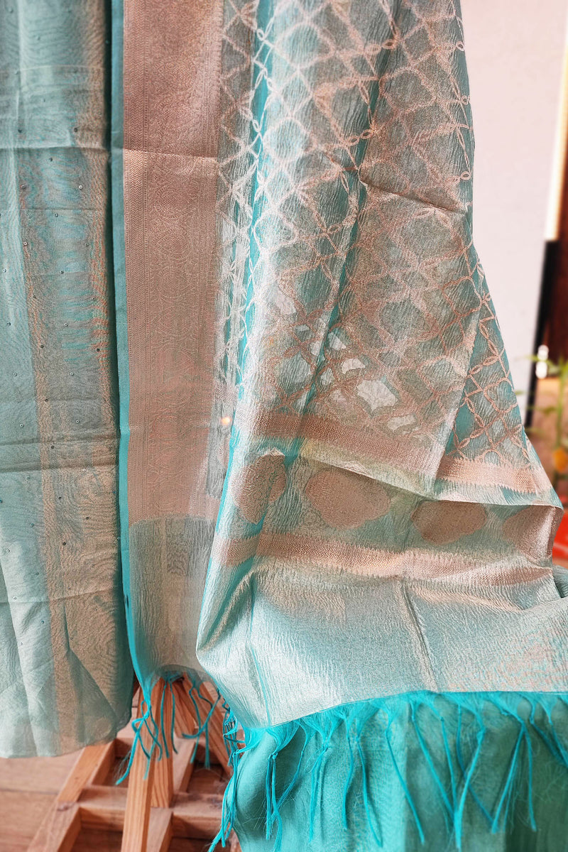 Firozi Tissue Banarasi Silk Suit with neck Handwork