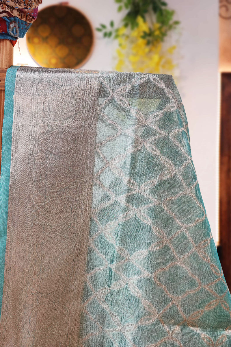 Firozi Tissue Banarasi Silk Suit with neck Handwork