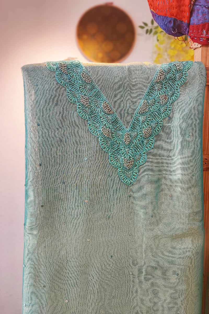 Firozi Tissue Banarasi Silk Suit with neck Handwork