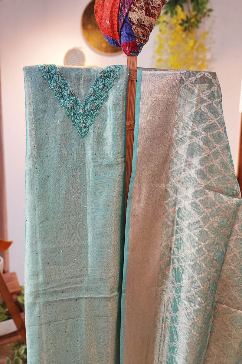 Firozi Tissue Banarasi Silk Suit with neck Handwork