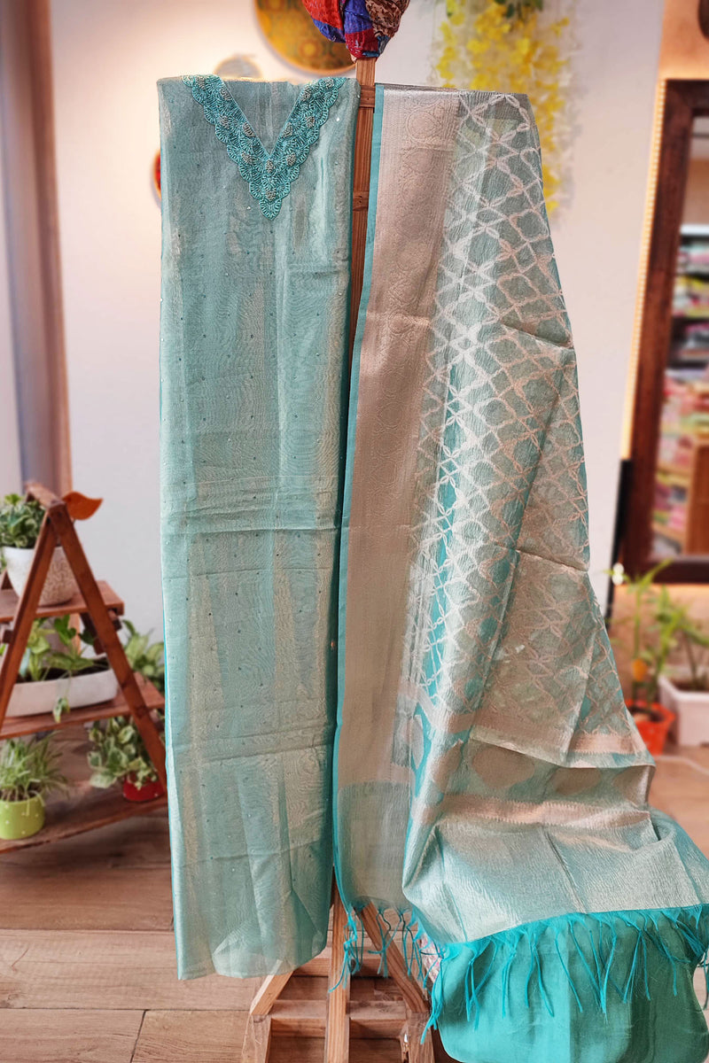 Firozi Tissue Banarasi Silk Suit with neck Handwork