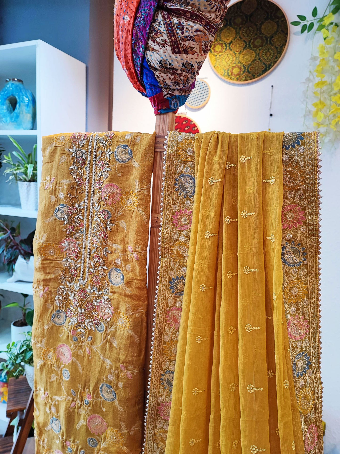 Saffron Yellow Banarasi Silk Suit With Handwork on Neckline & Chiffon Dupatta with All Over Weaving