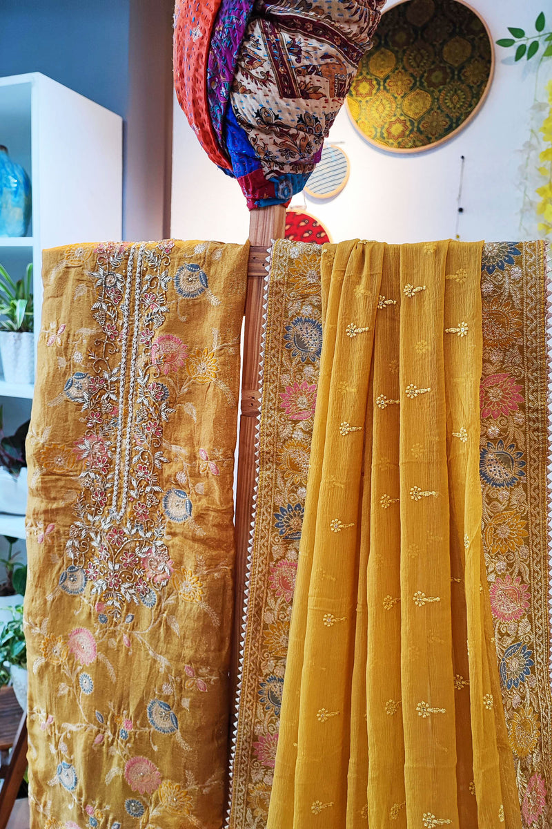 Saffron Yellow Banarasi Silk Suit With Handwork on Neckline & Chiffon Dupatta with All Over Weaving
