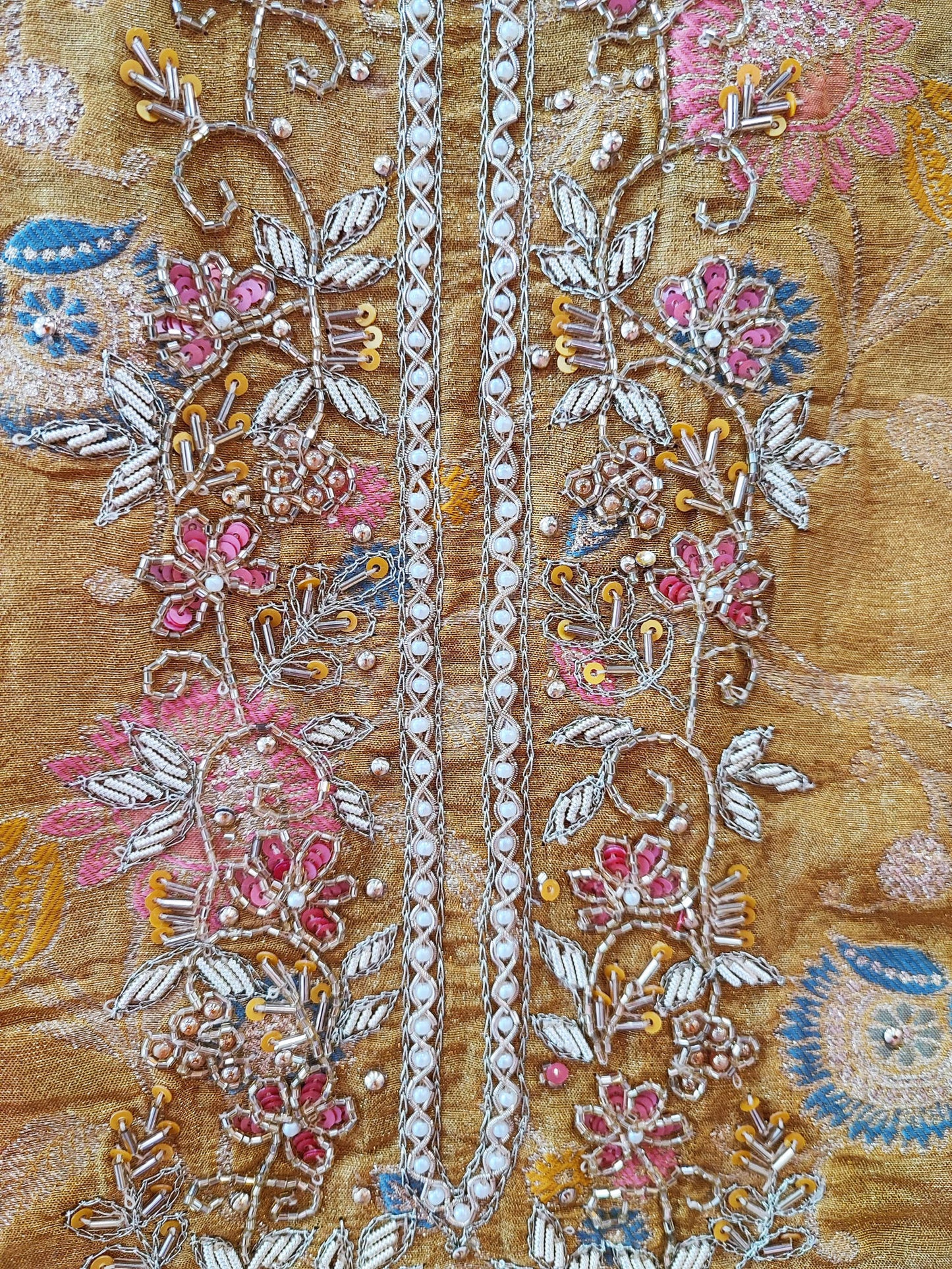 Saffron Yellow Banarasi Silk Suit With Handwork on Neckline & Chiffon Dupatta with All Over Weaving