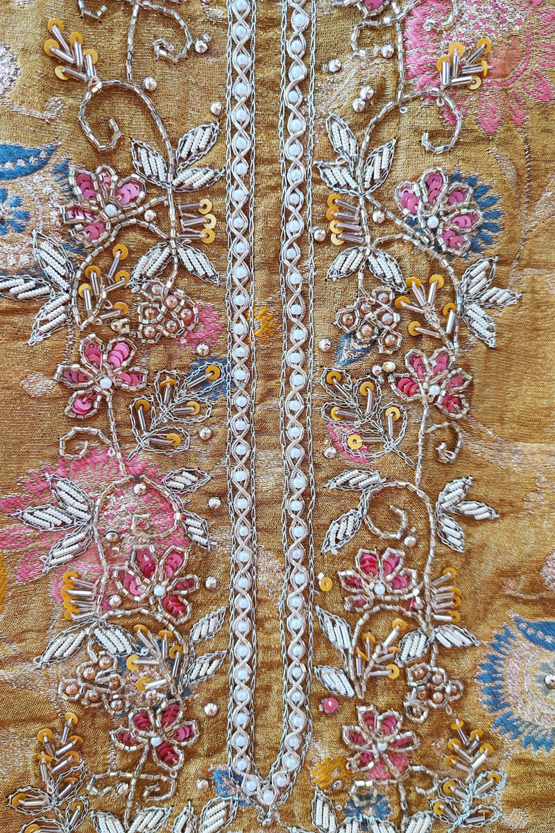 Saffron Yellow Banarasi Silk Suit With Handwork on Neckline & Chiffon Dupatta with All Over Weaving