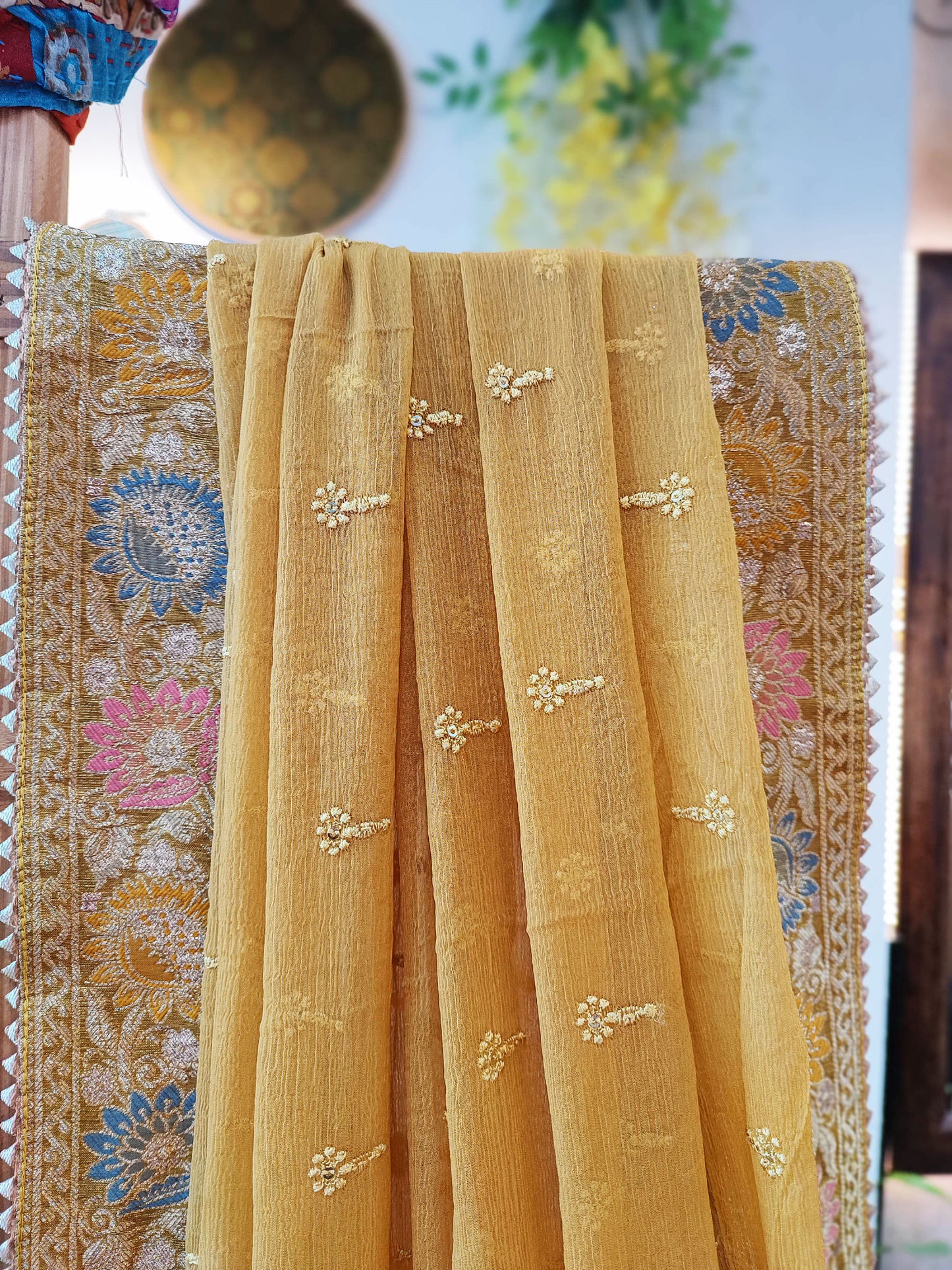 Saffron Yellow Banarasi Silk Suit With Handwork on Neckline & Chiffon Dupatta with All Over Weaving