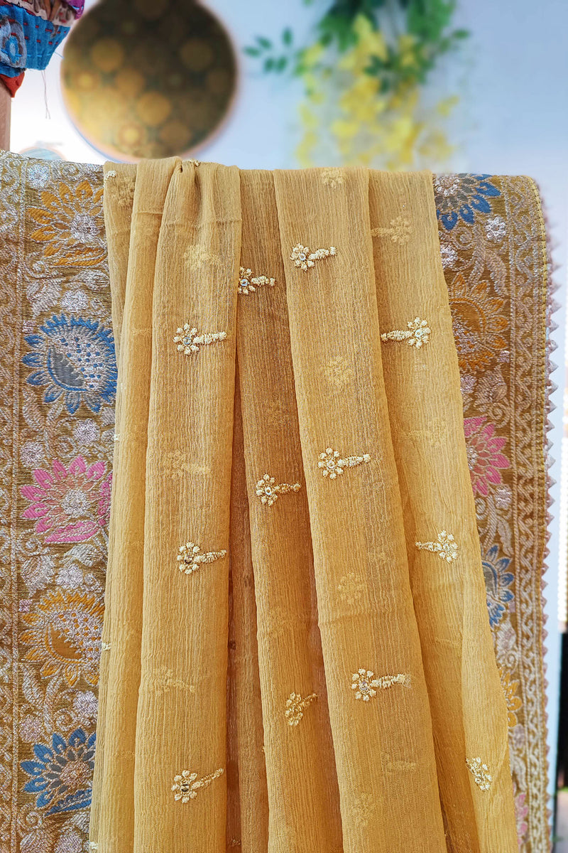 Saffron Yellow Banarasi Silk Suit With Handwork on Neckline & Chiffon Dupatta with All Over Weaving