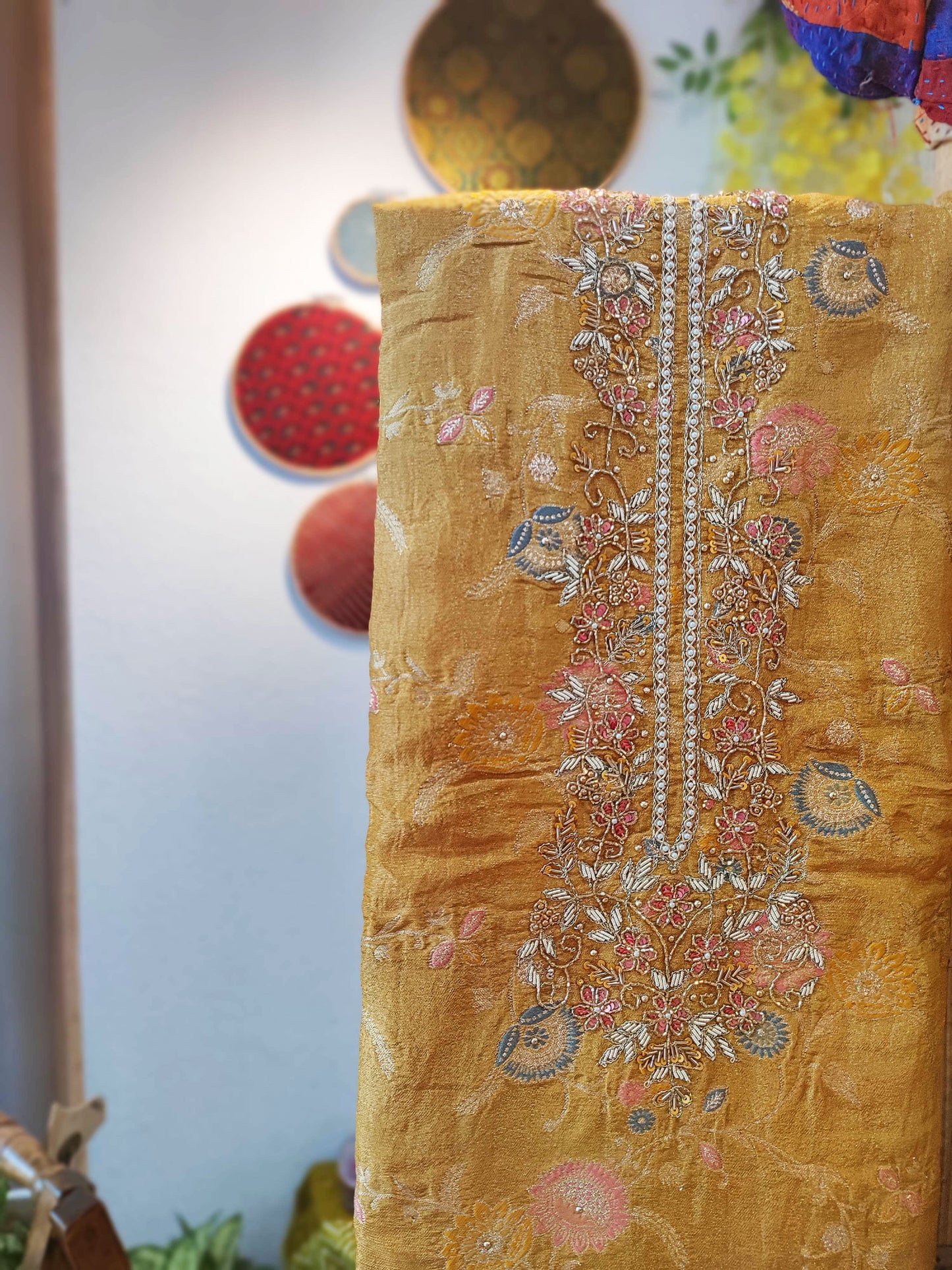 Saffron Yellow Banarasi Silk Suit With Handwork on Neckline & Chiffon Dupatta with All Over Weaving