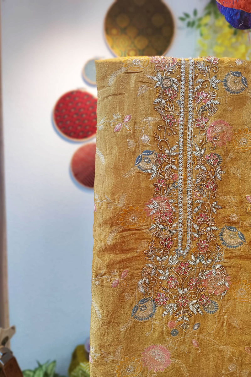 Saffron Yellow Banarasi Silk Suit With Handwork on Neckline & Chiffon Dupatta with All Over Weaving