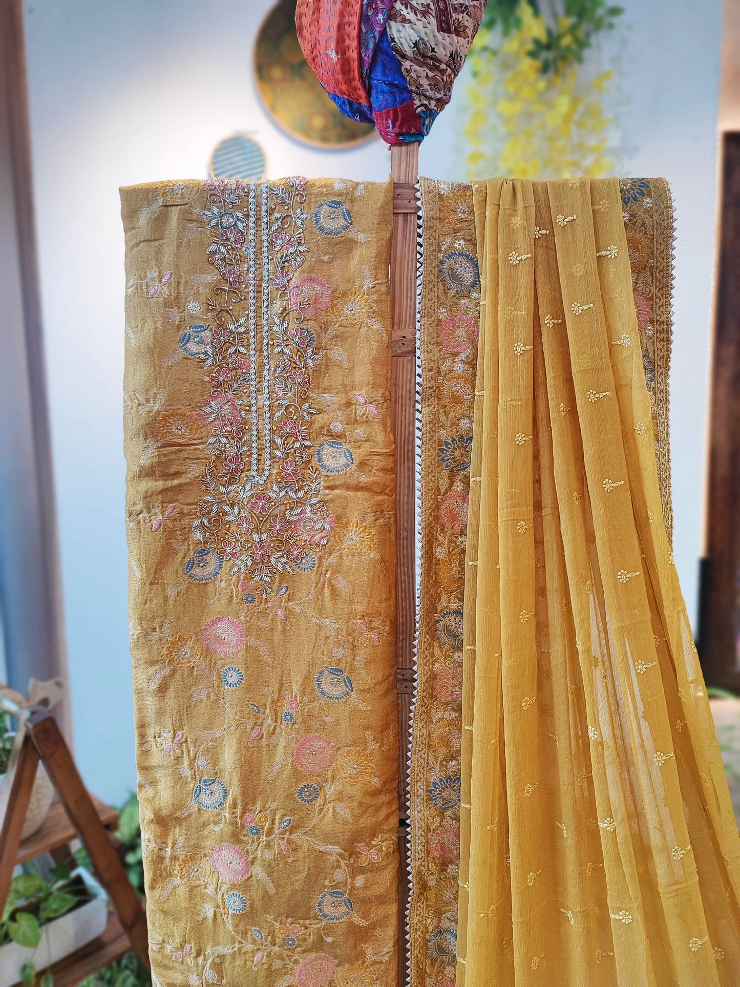 Saffron Yellow Banarasi Silk Suit With Handwork on Neckline & Chiffon Dupatta with All Over Weaving