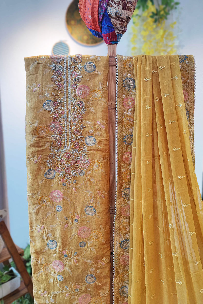 Saffron Yellow Banarasi Silk Suit With Handwork on Neckline & Chiffon Dupatta with All Over Weaving