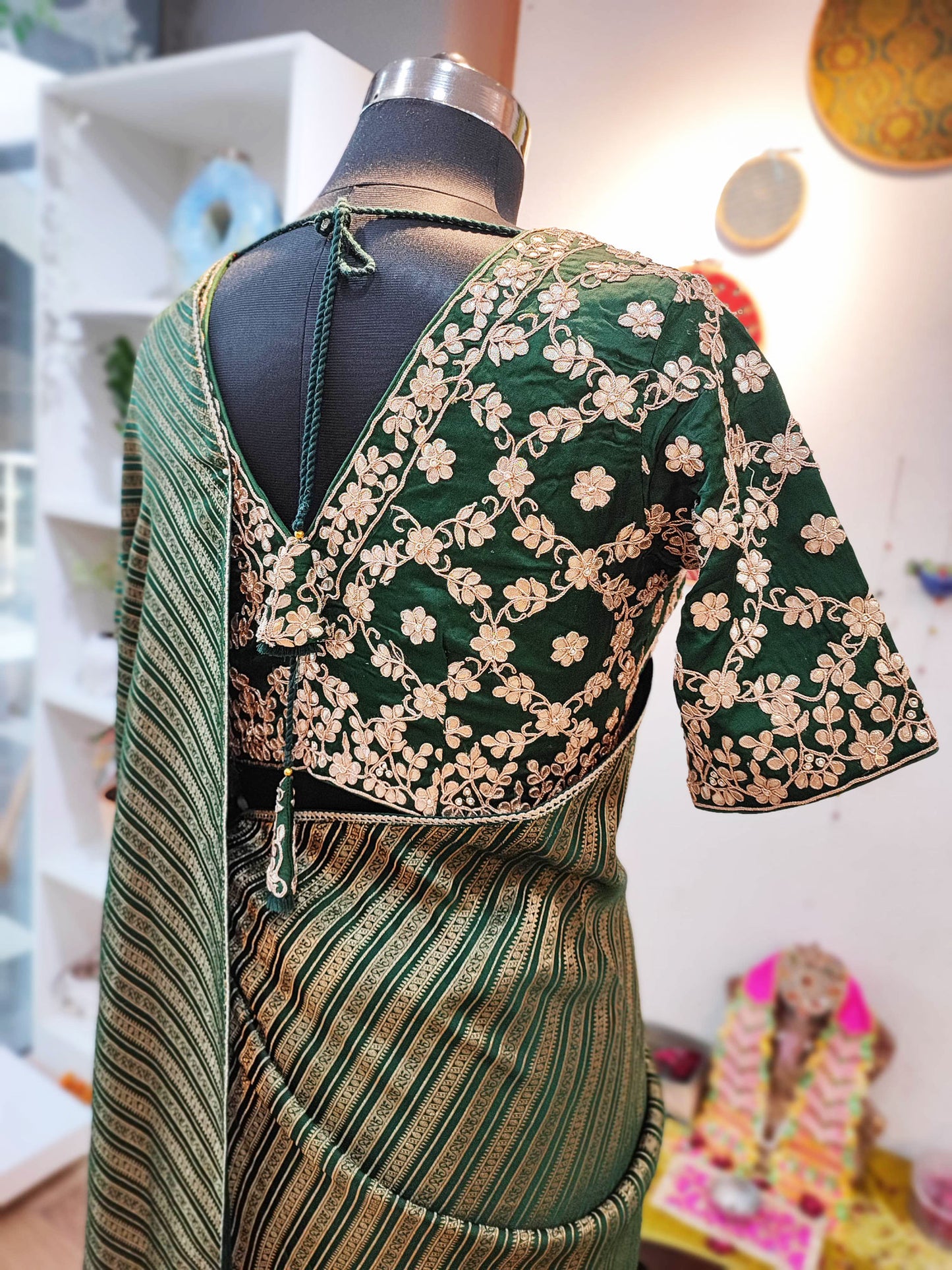 Bottle Green Banarasi Brocade Soft Silk Saree With Striped Weaving With Padded Heavy Handwork V Neckline Blouse