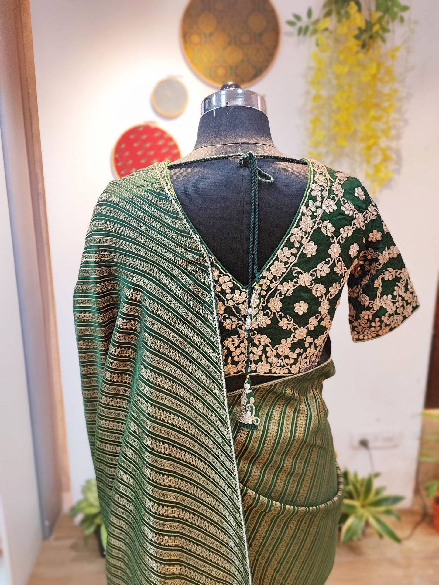 Bottle Green Banarasi Brocade Soft Silk Saree With Striped Weaving With Padded Heavy Handwork V Neckline Blouse