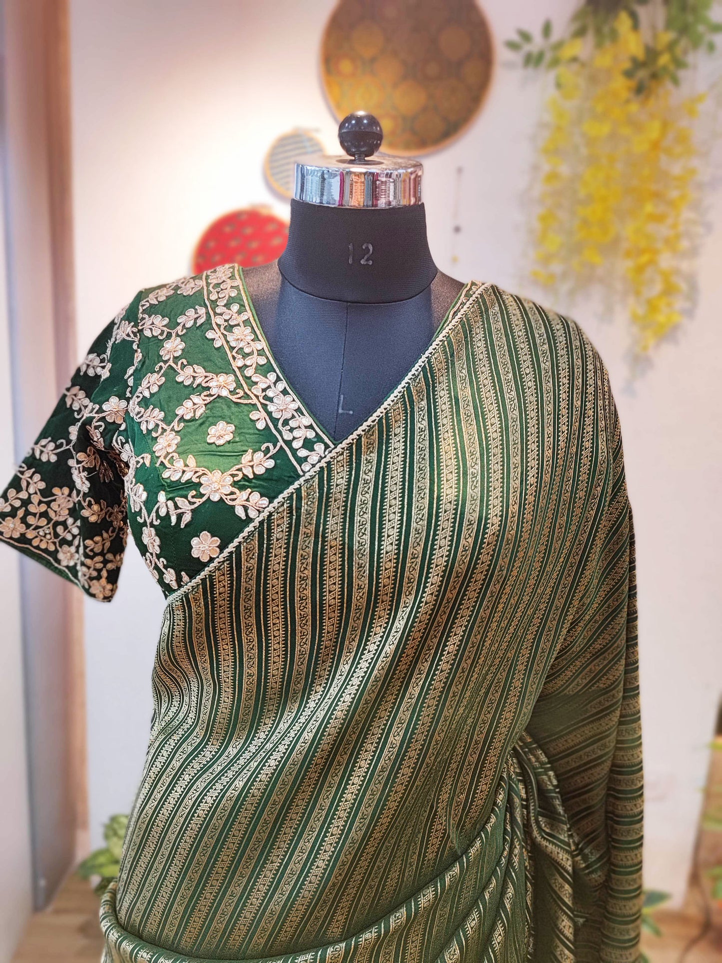 Bottle Green Banarasi Brocade Soft Silk Saree With Striped Weaving With Padded Heavy Handwork V Neckline Blouse