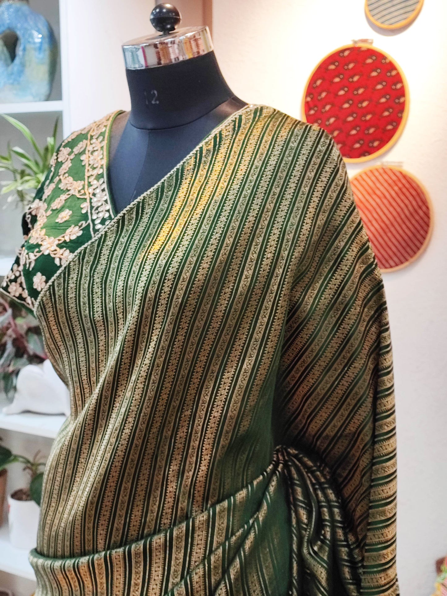 Bottle Green Banarasi Brocade Soft Silk Saree With Striped Weaving With Padded Heavy Handwork V Neckline Blouse