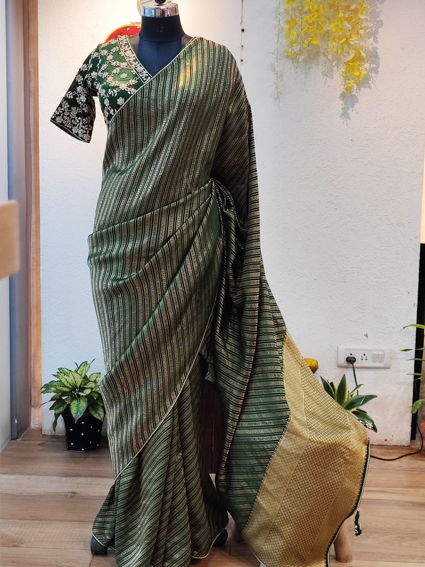 Bottle Green Banarasi Brocade Soft Silk Saree With Striped Weaving With Padded Heavy Handwork V Neckline Blouse
