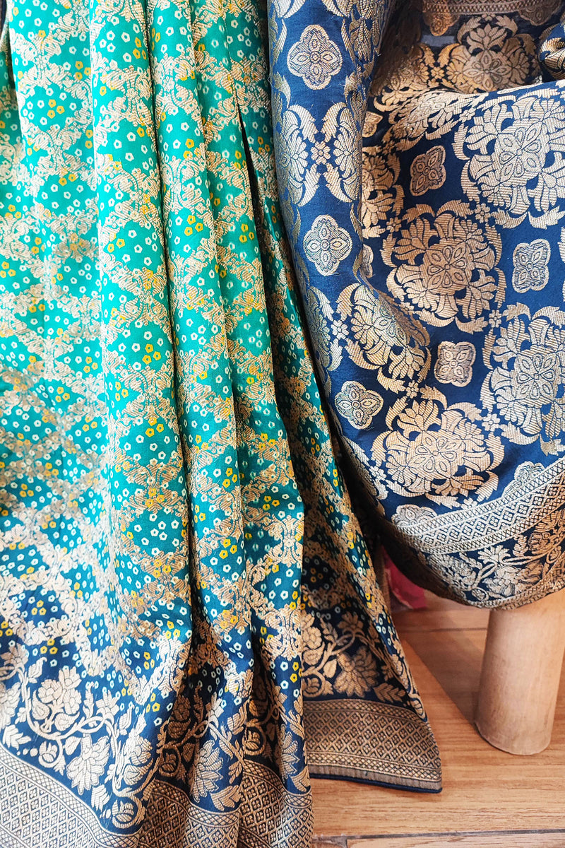 Shop Now Beautiful Green & Peacock Blue Bandhej Georgette Saree