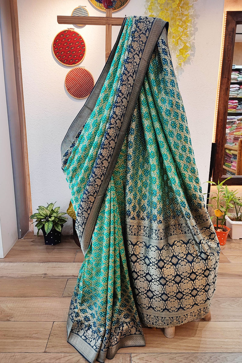 Shop Now Beautiful Green & Peacock Blue Bandhej Georgette Saree