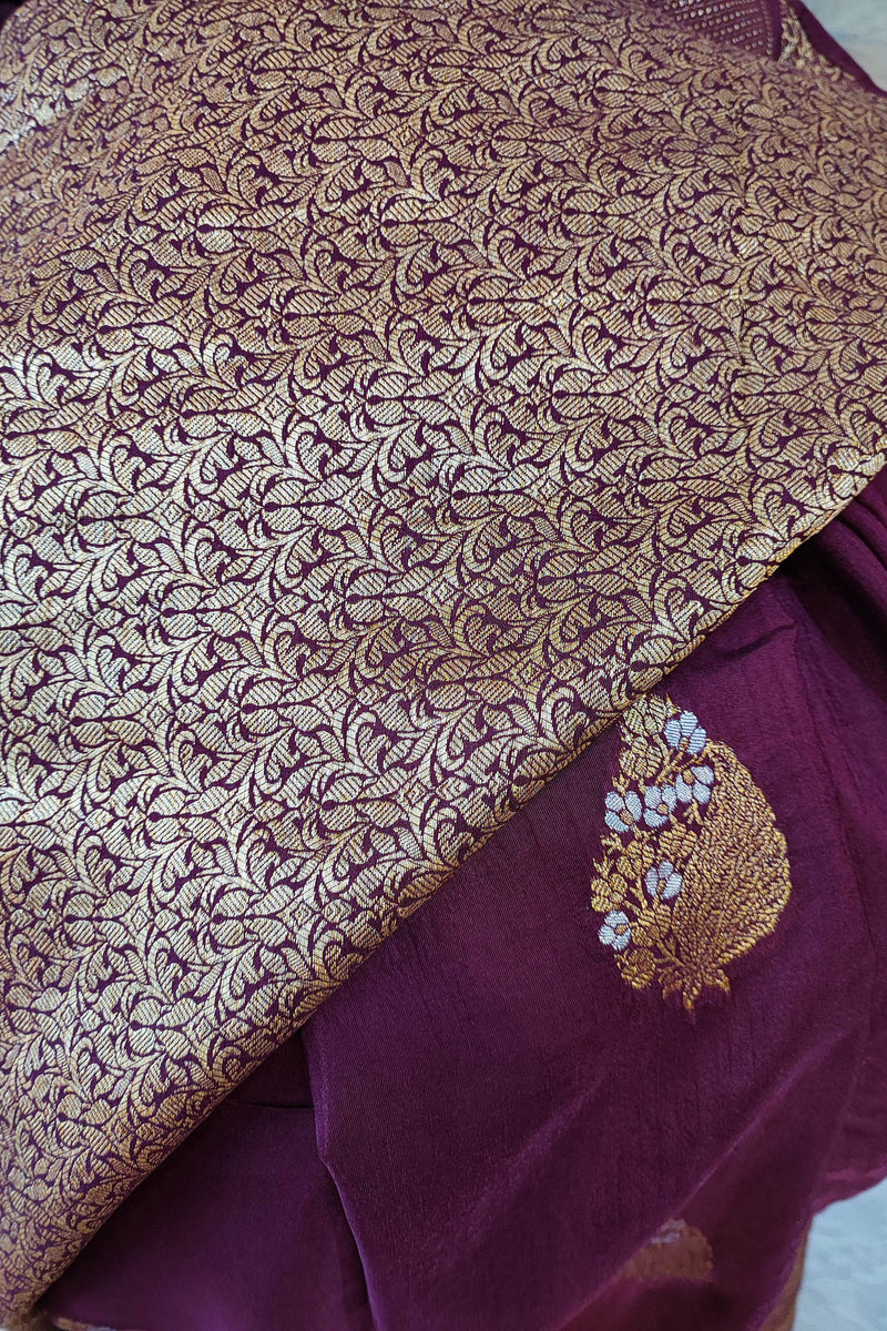 Midnight Purple Pure Dola Silk Banarasi Saree With Sona Rupa Kadhua Brocade Handweaving and Brocade Blouse