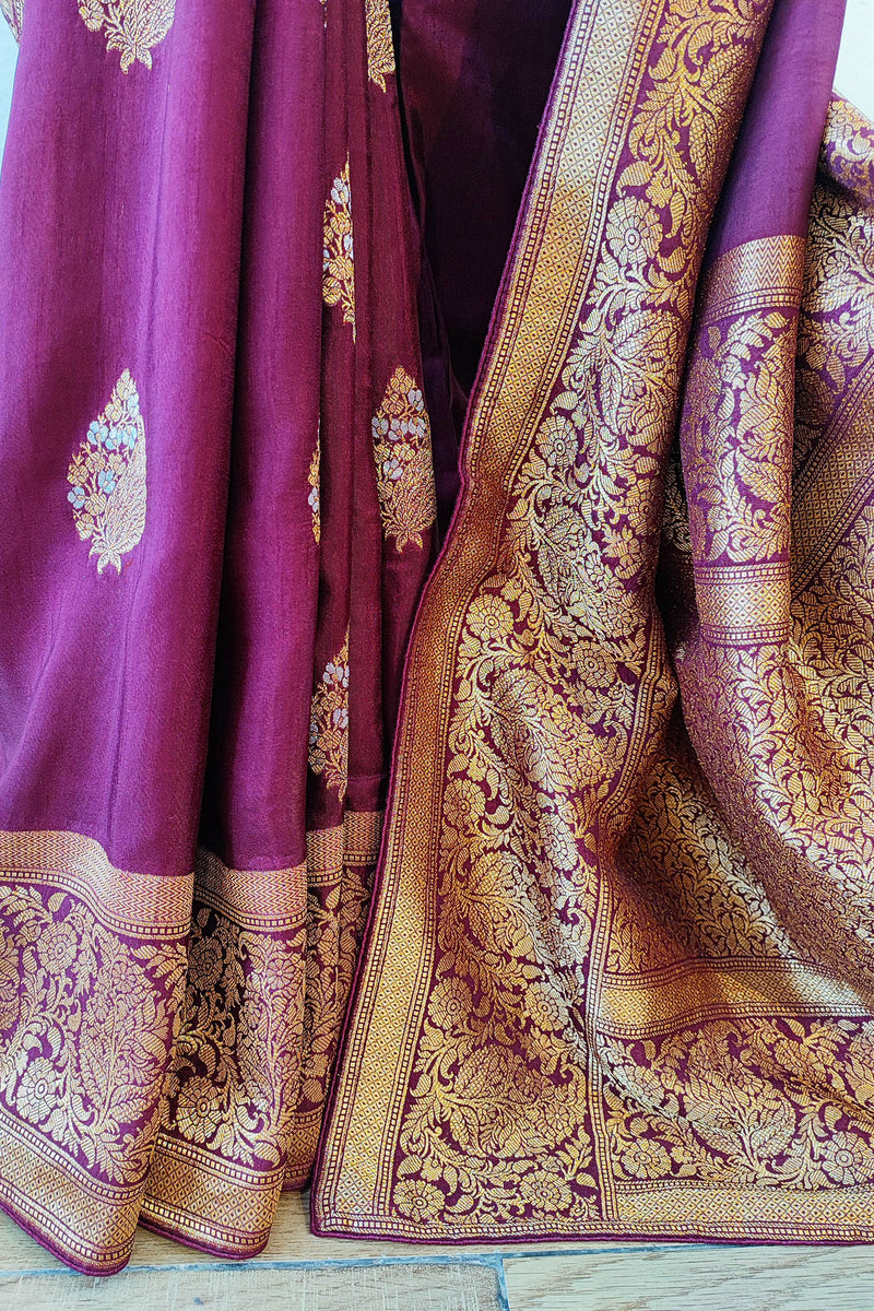 Midnight Purple Pure Dola Silk Banarasi Saree With Sona Rupa Kadhua Brocade Handweaving and Brocade Blouse