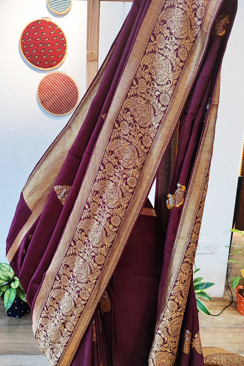 Midnight Purple Pure Dola Silk Banarasi Saree With Sona Rupa Kadhua Brocade Handweaving and Brocade Blouse