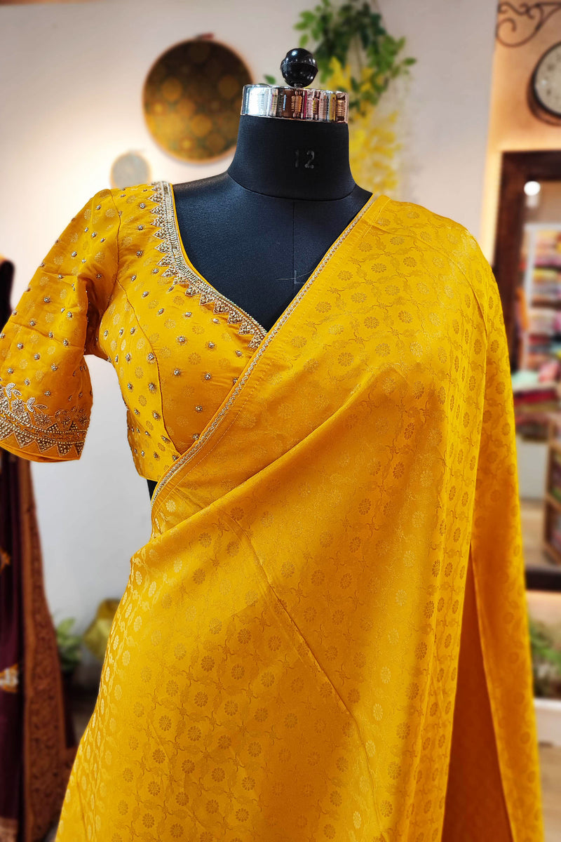 Amber Yellow Shimmer Georgette Saree With Handwork and Designer Padded Handwork Sweetheart Neck Blouse