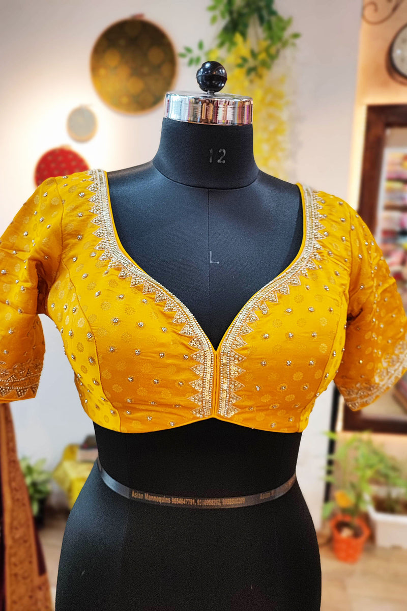 Amber Yellow Shimmer Georgette Saree With Handwork and Designer Padded Handwork Sweetheart Neck Blouse
