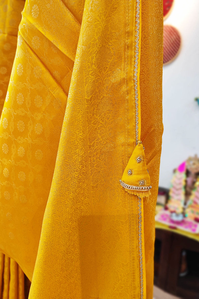 Amber Yellow Shimmer Georgette Saree With Handwork and Designer Padded Handwork Sweetheart Neck Blouse